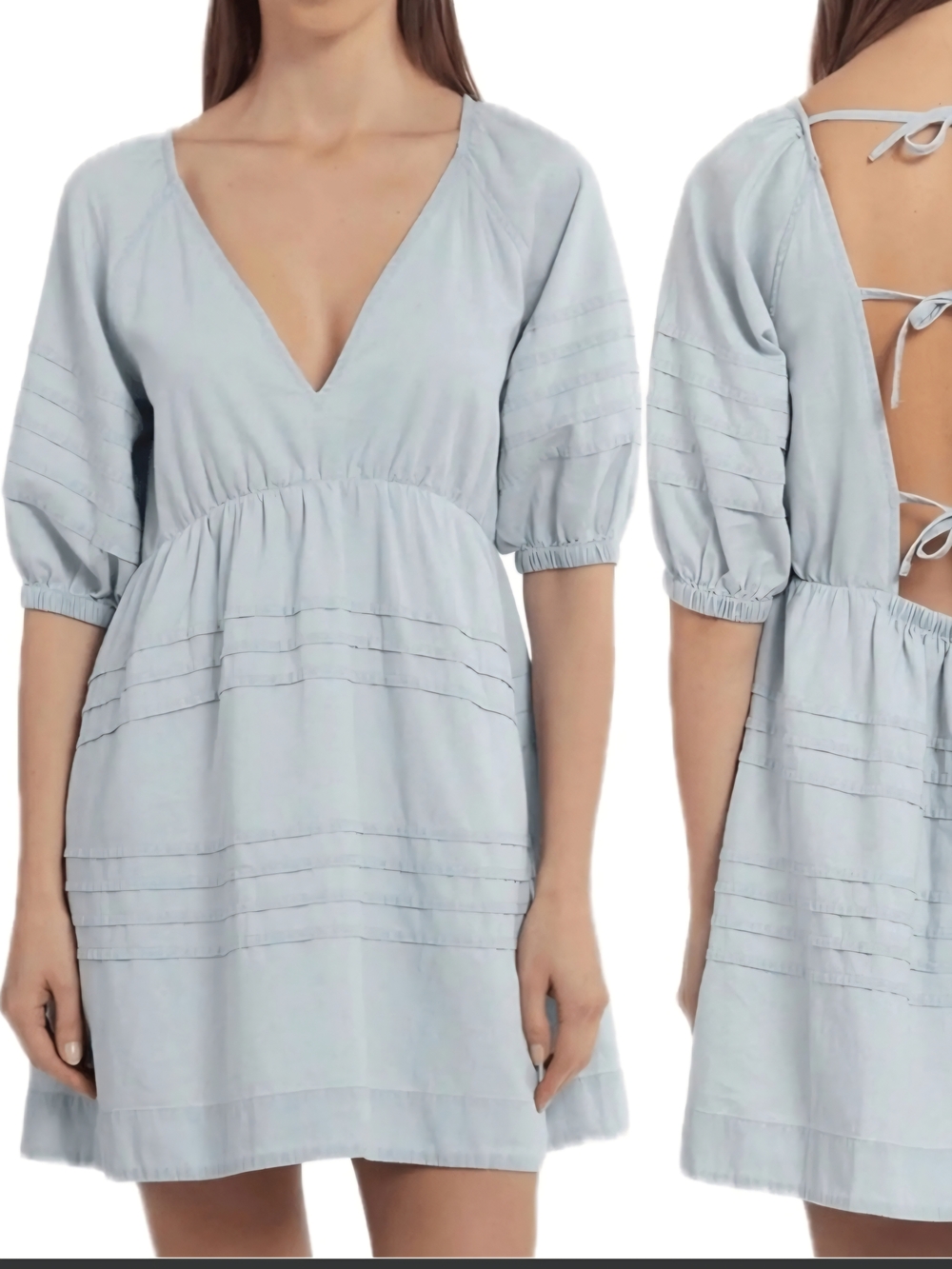Light Blue Lace-Up Back V-Neck Baby Doll Garden Girl Jean Mini Dress